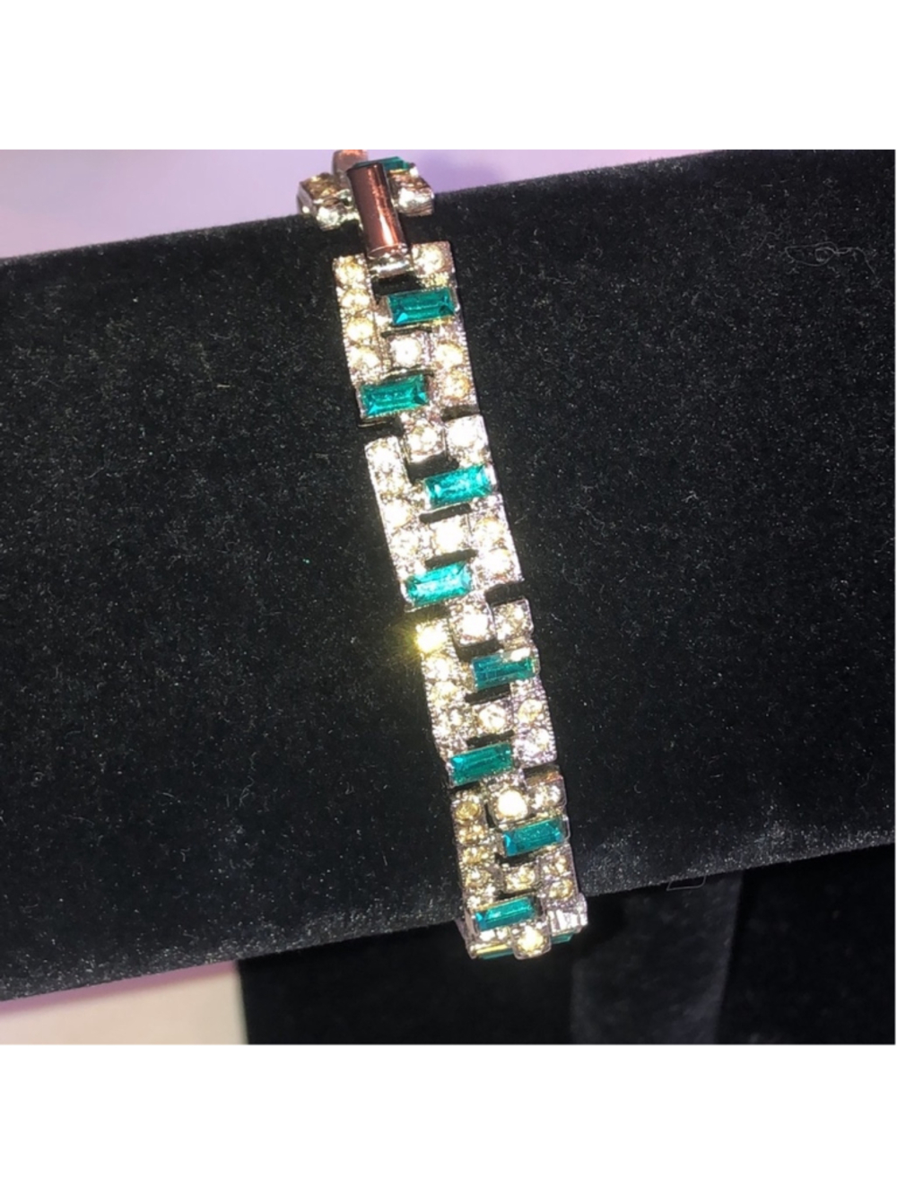 Vintage Silver Tone Green Rhinestone Boho Bracelet - Picture 4 of 8